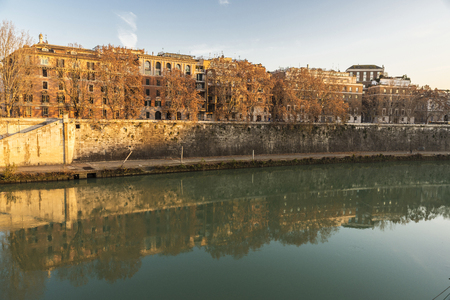 Tiber river passing through Rome, Italyの写真素材