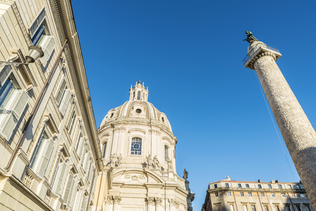 Trajan's Column and Church of Santa Maria di Loreto in the historic center of Rome, Italyの写真素材