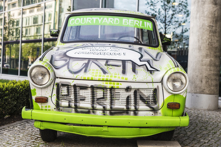 Berlin, Germany - April 13, 2017: Car of the brand Trabant used of advertisement in the street in Berlin, Germanyのeditorial素材