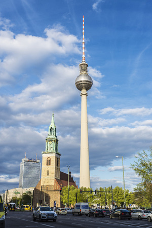 Berlin, Germany - April 13, 2017: St Mary church (Marienkirche) and telecommunications tower in Alexanderplatz square in Berlin, Germanyのeditorial素材