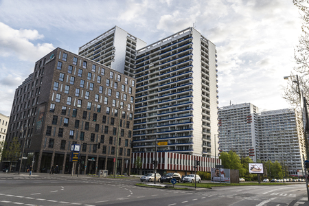 Berlin, Germany - April 13, 2017: Street with traffic with modern blocks of flats and offices in Berlin, Germanyのeditorial素材