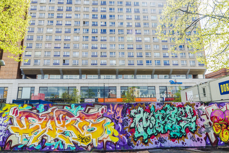 Berlin, Germany - April 13, 2017: Wall covered with multicolored graffiti in Berlin, Germanyのeditorial素材