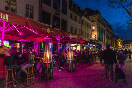 Dusseldorf, Germany - April 16, 2017: People enjoy music bars and restaurants at night in Altstadt of Dusseldorf, Germanyのeditorial素材