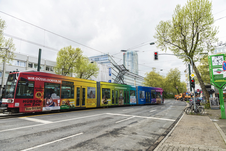 Dusseldorf, Germany - April 16, 2017: Tram with advertising in Dusseldorf, Germanyのeditorial素材