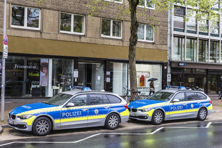 Dusseldorf, Germany - April 16, 2017: Two police cars of the brand BMW parked on street in Dusseldorf, Germanyのeditorial素材
