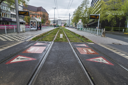 Dusseldorf, Germany - April 16, 2017: Warning sign of passage of a tram on street in Dusseldorf, Germanyのeditorial素材