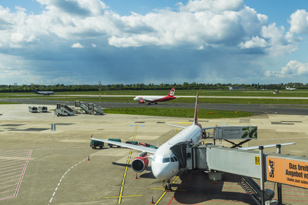 Dusseldorf, Germany - April 17, 2017: Plane taking off at Dusseldorf airport in Dusseldorf, Germanyのeditorial素材