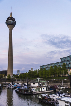 Telecommunications tower next to the port in Dusseldorf, Germanyの写真素材