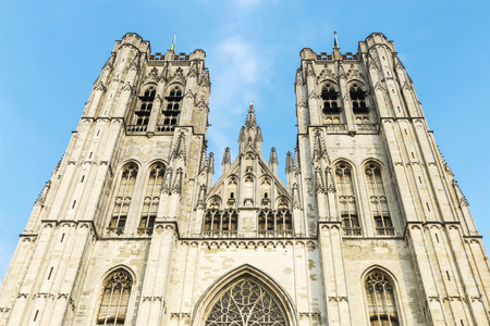 Facade of the Cathedral of Brussels or Cathedral of St. Michael and St. Gudula in Brussels, Belgiumの写真素材