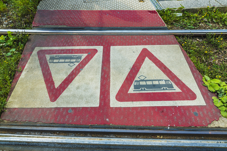 Warning sign of passage of a tram on street in Brussels, Belgiumの写真素材