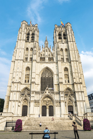 Brussels, Belgium - August 26, 2017: Facade of the Cathedral of Brussels or Cathedral of St. Michael and St. Gudula with people walking around in Brussels, Belgiumのeditorial素材