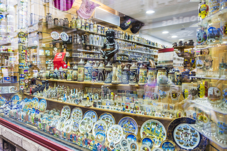 Brussels, Belgium - August 26, 2017: Souvenir store with a figure of Manneken pis as decoration located in the historical center of Brussels, Belgiumのeditorial素材