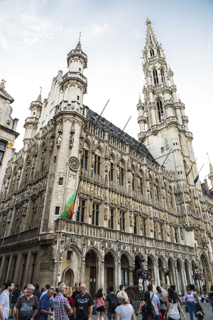 Brussels, Belgium - August 26, 2017: Brussels City Hall at the Grand Place with people walking around in Brussels, Belgiumのeditorial素材