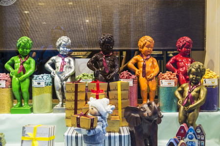 Brussels, Belgium - August 26, 2017: Statue of chocolate of Manneken pis as a candy store decoration located in the historical center of Brussels, Belgiumのeditorial素材