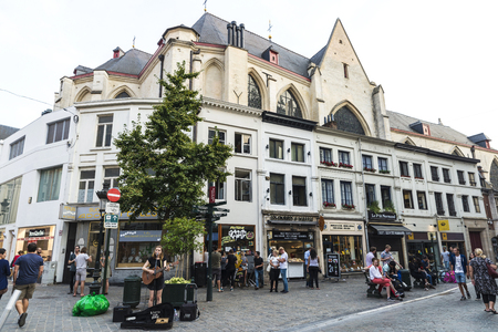 Brussels, Belgium - August 26, 2017: Street musician and people walking on a street in Brussels, Belgiumのeditorial素材