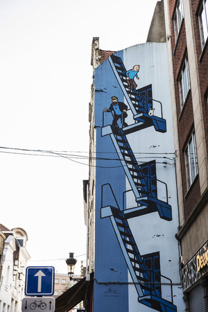 Brussels, Belgium - August 26, 2017: Graffiti with Tintin and Captain Haddock on a street in Brussels, Belgiumのeditorial素材
