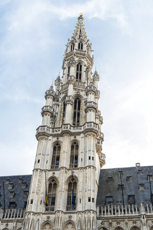 Tower of the Brussels City Hall at the Grand Place in Brussels, Belgiumの写真素材