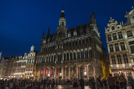Brussels, Belgium - August 26, 2017: View of the Grand Place with people walking around at night in Brussels, Belgiumのeditorial素材