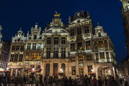 Brussels, Belgium - August 26, 2017: View of the Grand Place with people walking around at night in Brussels, Belgiumのeditorial素材