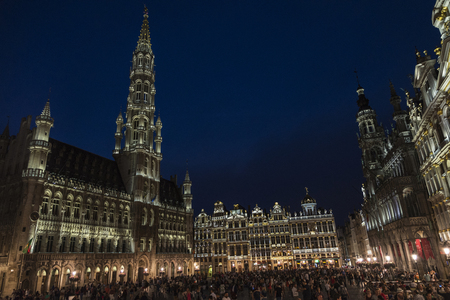 Brussels, Belgium - August 26, 2017: View of the Grand Place with people walking around at night in Brussels, Belgiumのeditorial素材