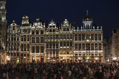 Brussels, Belgium - August 26, 2017: View of the Grand Place with people walking around at night in Brussels, Belgiumのeditorial素材
