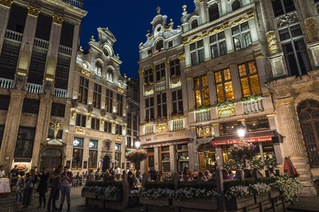 Brussels, Belgium - August 26, 2017: View of the Grand Place with people walking around at night in Brussels, Belgiumのeditorial素材
