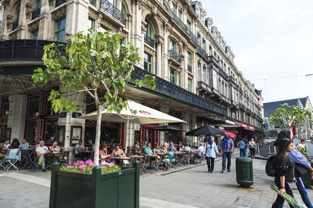 Brussels, Belgium - August 27, 2017: Square with bars and restaurants with people walking located in the historic center of Brussels, Belgiumのeditorial素材