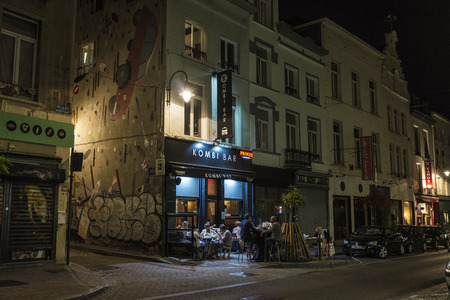 Brussels, Belgium - August 27, 2017: Street with a bar or restaurant  with people at night located in the historic center of Brussels, Belgiumのeditorial素材