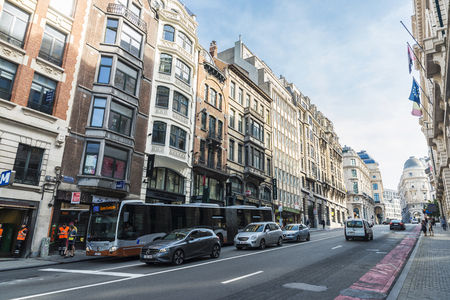 Brussels, Belgium - August 28, 2017: Street with traffic and people walking located in the center of Brussels, Belgiumのeditorial素材