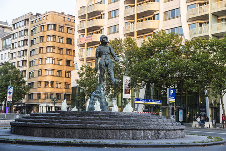 Brussels, Belgium - August 27, 2017: Abstract statue of a diver in the center of Brussels, Belgiumのeditorial素材