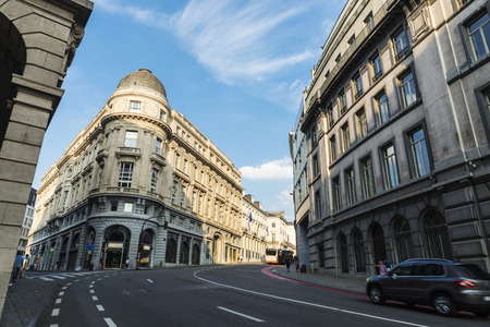 Brussels, Belgium - August 27, 2017: Street with classical buildings and people walking in the historical center of Brussels, Belgiumのeditorial素材