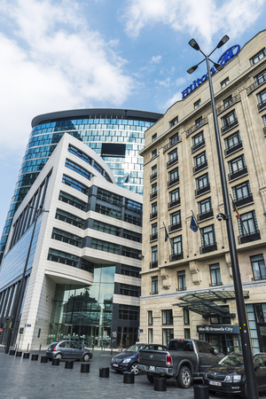 Brussels, Belgium - August 27, 2017: Facade of the Hilton Hotel and a modern building in Brussels, Belgiumのeditorial素材
