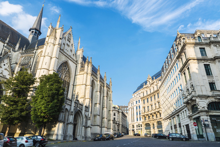 Brussels, Belgium - August 27, 2017: Facade of the Cathedral of Brussels or Cathedral of St. Michael and St. Gudula in Brussels, Belgiumのeditorial素材