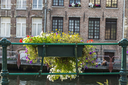 Flower pot along the Leie river in the medieval city of Ghent, Belgiumの写真素材
