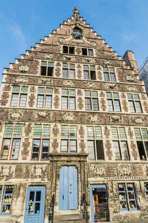 Ghent, Belgium - August 28, 2017: Facade of an old historic building of the medieval city of Ghent, Belgiumのeditorial素材