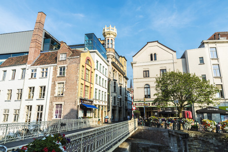 Ghent, Belgium - August 28, 2017: Old houses along the Leie river in the medieval city of Ghent, Belgiumのeditorial素材