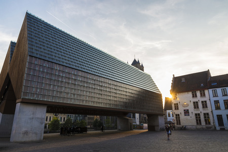 Ghent, Belgium - August 28, 2017: Municipal pavilion or Stadshal at sunset in the old town of the medieval city of Ghent, Belgiumのeditorial素材