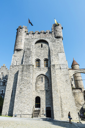 Ghent, Belgium - August 29, 2017: View of the Gravensteen medieval castle with people walking in the old town of the city of Ghent, Belgiumのeditorial素材