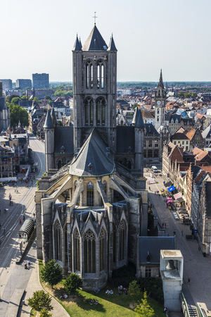 Ghent, Belgium - August 29, 2017: View of the Saint Nicholas Church with people walking in the old town of the medieval city of Ghent, Belgiumのeditorial素材