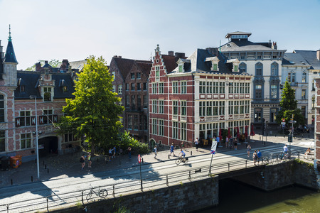 Ghent, Belgium - August 29, 2017: Bridge over the Leie river with people around in the medieval city of Ghent, Belgiumのeditorial素材