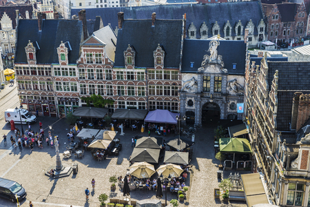 Ghent, Belgium - August 29, 2017: View of a square with bars terrace and restaurants located in the old town of the historic city of Ghent in Belgium with people aroundのeditorial素材