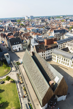 Ghent, Belgium - August 29, 2017: View of the Stadshal with people walking in the old town of the medieval city of Ghent, Belgiumのeditorial素材