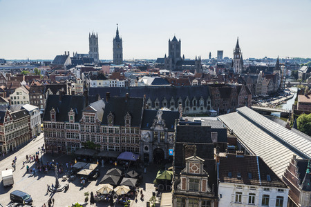Ghent, Belgium - August 29, 2017: View of the old town of the historic city of Ghent in Belgium with people aroundのeditorial素材