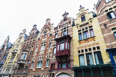 Facade of an old historic buildings of the medieval village of Ghent, Belgiumの写真素材