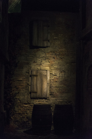 Groceries in barrels in a medieval warehouse in Europeの写真素材