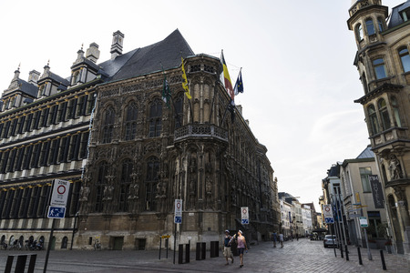 Ghent, Belgium - August 29, 2017: Two young men walking and smiling in the old historic center of the medieval city of Ghent, Belgiumのeditorial素材