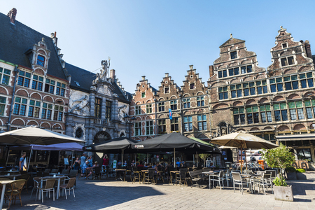 Ghent, Belgium - August 29, 2017: Street with bars and restaurants and people walking located in the old historic center of the medieval city of Ghent, Belgiumのeditorial素材