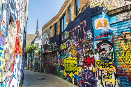 Ghent, Belgium - August 29, 2017: Street of graffiti called Warregaren Straat located in the old historic center of the medieval city of Ghent, Belgiumのeditorial素材