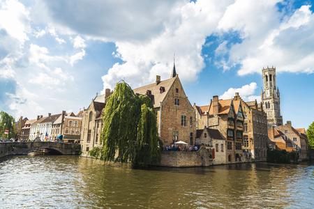 Bruges, Belgium, - August 31, 2017: Rozenhoedkaai or Rosary Dock with people around in the medieval city of Bruges, Belgiumのeditorial素材