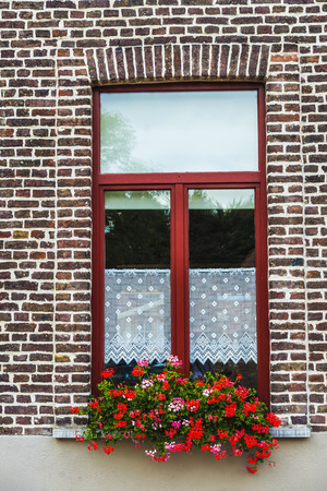 Window with flower pot of an old classic house in an old historic center of the medieval city of Bruges, Belgiumの写真素材